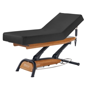 Master Massage Atlas Liftback Electric Lift Height Adjustable Spa Bed Salon Bed Beauty Table- Oak Base, Cream Top with Interchangable Black Upholstery