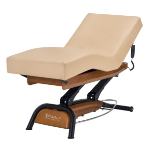 Master Massage Atlas Deluxe Luxury Electric Lift Height Adjustable Spa Bed Salon Bed Beauty Table- Cream Top with Oak Base