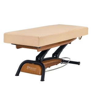 Master Massage Atlas Flat Electric Lift Height Adjustable Spa Bed Salon Bed Beauty Table- Cream Top with Oak Base