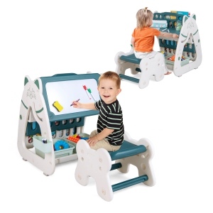 Costway 3-In-1 Kids Art Easel with Stool Magnetic Dry-Erase Board with Book Rack Green