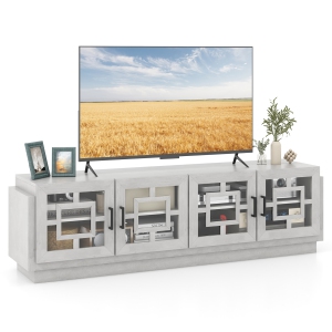 Gymax 4-Door Glass Entertainment Center Farmhouse TV Stand for TVs up to 75'' Oak White