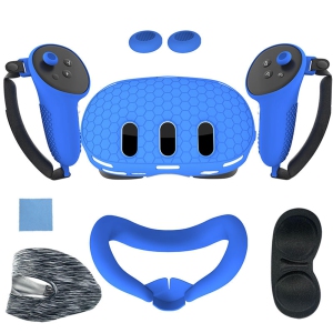 navor 7 in 1 Silicone Protective Case Cover Set for Meta Quest 3 VR Accessories Headset Controller Shell, Eyes, Face, Grip Button & Lens Cover-Blue