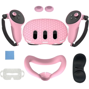 navor 7 in 1 Silicone Protective Case Cover Set for Meta Quest 3 VR Accessories Headset Controller Shell, Eyes, Face, Grip Button & Lens Cover-Pink