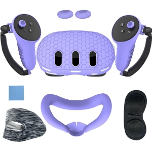 navor 7 in 1 Silicone Protective Case Cover Set for Meta Quest 3 VR Accessories Headset Controller Shell, Eyes, Face, Grip Button & Lens Cover-Purple