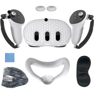 navor 7 in 1 Silicone Protective Case Cover Set for Meta Quest 3 VR Accessories Headset Controller Shell, Eyes, Face, Grip Button & Lens Cover-White