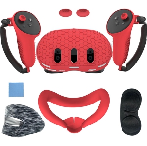 navor 7 in 1 Silicone Protective Case Cover Set for Meta Quest 3 VR Accessories Headset Controller Shell, Eyes, Face, Grip Button & Lens Cover-Red