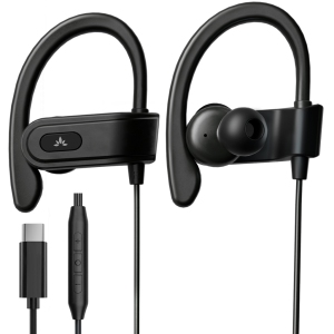 Avantree C171 - Wired USB C Headphones & Microphone for Sports and Running with Over-Ear Earbud Hooks and in-Line Volume Control, Compatible with Samsung, iPhone 15 Google and Othe
