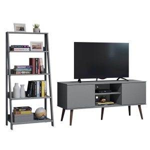 Madesa 2-Piece TV Stand and Ladder Shelf Set: 53" TV Stand with Cable Management and Open Shelves + 24" 5-Tier Ladder Shelf for Storage, Office, Living Room, and Bedroom – Gray