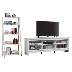 Madesa 2-Piece TV Stand and Ladder Shelf Set: 70" TV Stand with Cable Management and Open Shelves + 24" 5-Tier Ladder Shelf for Storage, Office, Living Room, and Bedroom – White