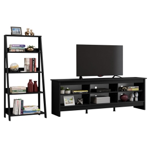 Madesa 2-Piece TV Stand and Ladder Shelf Set: 70" TV Stand with Cable Management and Open Shelves + 24" 5-Tier Ladder Shelf for Storage, Office, Living Room, and Bedroom – Black