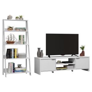 Madesa 2-Piece TV Stand and Ladder Shelf Set: 57" Entertainment Center with Cable Management + 24" 5-Tier Ladder Shelf for Storage, Office, Living Room, and Bedroom – White