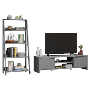 Madesa 2-Piece TV Stand and Ladder Shelf Set: 57" Entertainment Center with Cable Management + 24" 5-Tier Ladder Shelf for Storage, Office, Living Room, and Bedroom – Gray