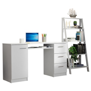 Madesa 2-Piece Home Office and Study Furniture Set: 53" Computer Desk with 3 Drawers, 1 Door, Storage Shelf + 24" 5-Tier Ladder Shelf for Pantry, Books, & Utilities – White