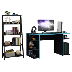 Madesa 2-Piece Desk and Ladder Shelf Set: 53" Gaming Desk with Cable Management + 24" 5-Tier Ladder Shelf for Storage, Office, Gaming and Study – Black/Blue