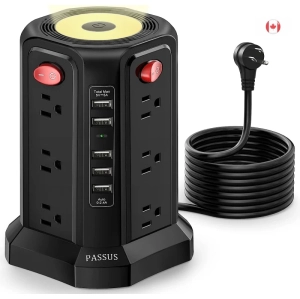 Tower Power Bar Surge Protector PASSUS | 10FT Extension Cord, 5 USB Ports, 12 AC Outlets, Night Light