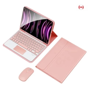 iPad 10.9 (2022) Wireless Keyboard Case with Mouse, Pink PU Leather Folio Flip Cover, Bluetooth Keyboard