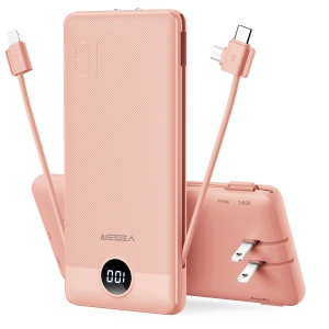 Portable Charger for iPhone Built in Cables Fast Charging USB C Slim 10000 Power Bank, Wall Plug USB Battery Pack for iPhones, iPad, Samsung More Phones Tablets (Pink)