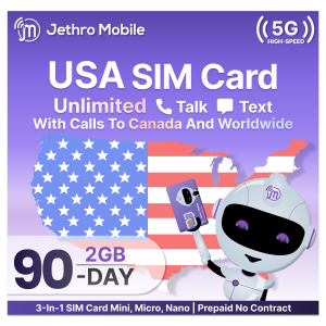 Jethro Mobile Prepaid USA Travel SIM card, 4G LTE High-Speed Data, Unlimited Talk and Text, No Contract, 3 Months