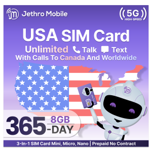 Jethro Mobile Prepaid USA Travel SIM card, Unlimited Talk and Text in the US and to Canada, No Contract, 1-Year