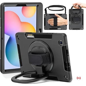 Military Grade Case for Galaxy Tab S6 Lite 10.4 Inch (2024/2022/2020) - Kids Shockproof Cover with 360° Rotating Handle, Kickstand, Hand Strap, Pen Holder, Black