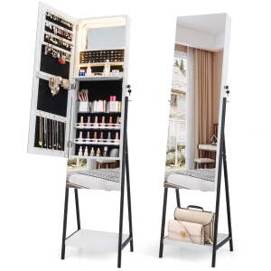 Costway Jewelry Cabinet Armoire Full-Length Mirror with 3-Color LED Lights tip-out Drawer