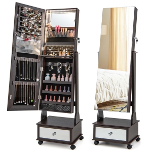 Costway Jewelry Cabinet Armoire Full-Length Mirror Lockable with 3-Color LED Lights