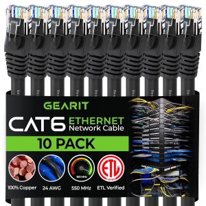 10 Pack, Cat 6 Ethernet Cable Cat6 Snagless Patch 1 Foot - Computer LAN Network Cord, Black - Compatible with 10