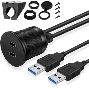 TNP USB C 3.0 Flush Mount Cable, Dual USB Extension Cable 6ft 2M for Car Dashboard with Dash Panel Mount, 2 Port Type A