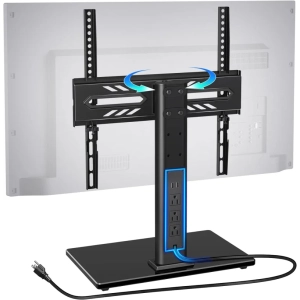 Universal TV Stand with Power Outlet for 27-60 Inch TVs, Height Adjustable, Swivel Mount, Tempered Glass Base, Holds up to 88 lbs, Max VESA 400x400mm, Black