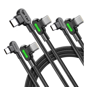 [Type-C to C] 60W LED USB Type-C to Type C Charging Cable 90 Degree Nylon Braided Charger Cord Gaming Charging/Sync iPhone 16 pro max 15 iPad Galaxy S24 (3 Pack, Black, 6.6FT/2M)