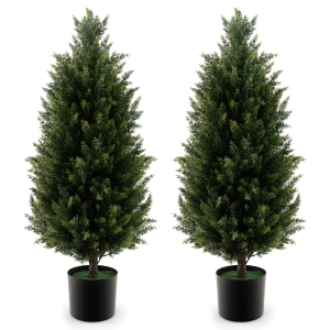 Costway 2 Pack 37.5" Artificial Topiary Cedar Tree with Cement Plastic Pot & Realistic Moss