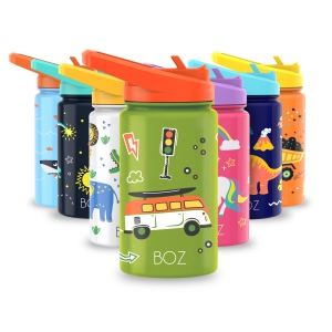 BOZ Kids Insulated Water Bottle with Straw Lid, Stainless Steel Vacuum Double Wall Water Cup, 14 oz (414ml) Carry Handle, BPA-free and Dishwasher-safe (Cars)