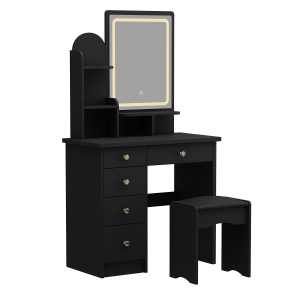Famapy Vanity Desk Set Makeup Table with Large Lighted Mirror, Dressing Table with 5 Drawers, Storage Shelves & Cushioned Stool for Bedroom, (31.5”W x 15.6”D x 55.1”H) Black