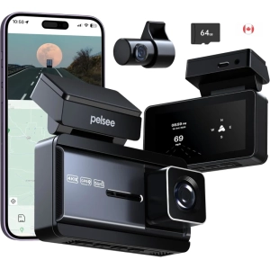 4K Dash Cam Front and Rear, Free 64GB SD Card, Pelsee 4K+1080P Dual Dash Camera for Cars with Wi-Fi, GPS, ADAS, BSD, 3" IPS Display, APP & Voice Control, Night Vision, 24H Parking