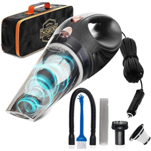 ThisWorx Bagless Handheld Vacuum for Car with 16ft Power Cord, 3 Nozzles, Carry Bag, Spare Filter - Black