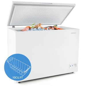 Costway Congélateur coffre compact de 10 pi³ avec température réglable sur 7 niveaux, panier amovible blanc