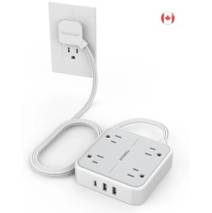 Flat Plug Power Bar with Surge Protector, 5ft Flat Extension Cord, TESSAN Power Strip with 4 Outlets & 3 USB Ports (1 USB-C), Ideal for Dorm Rooms, Home, Office - Gray
