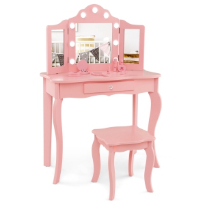Costway Kid Vanity Table Stool Set Tri-Folding Mirror Adjustable 3-Color LED Lights