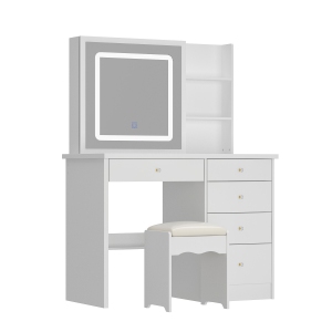 Famapy Vanity Desk Set Makeup Table with Large Sliding Lighted Mirror, Dressing Table with 5 Drawers, Storage Shelves & Cushioned Stool for Bedroom(39.4" W x 19.7" D x53.5" H)White