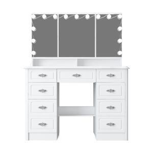 Famapy Vanity Desk Set Makeup Table with Large Three-color Illuminated Mirror, Dressing Table with 9 Drawers, Storage Shelves for Bedroom(43.3" W x 18.1" D x54.1" H)White