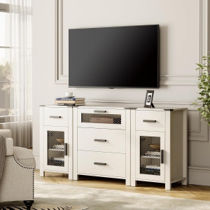 WAMPAT TV Stand with 5 Drawers and 2 Door Storage, Dresser Organizer Units with Adjustable Shelf for Dining, Living and Bed Room, Antique White