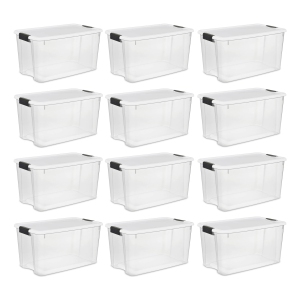Sterilite 70 Qt Clear Plastic Stackable Storage Bin w/ White Latch Lid, 12 Pack