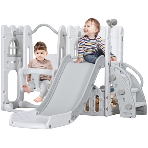 Qaba 6-in-1 Kids Slide and Swing Set with Telescope, Basketball Hoop, Climber, Baby Toddler Swing Set Indoor Playground with Storage Space, for Aged 1-3 Years Old, Grey