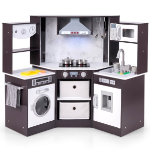 Costway Wooden Kids Play Corner Kitchen with Realistic Lights & Sounds Lighted Range Hood