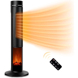 Nordic Hygge Ceramic Tower Space Heater with Thermostat, Fast Heating, 3D Realistic Flame, Oscillating and Remote Control