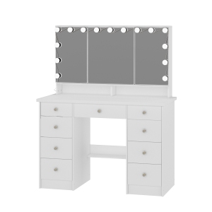 Famapy Vanity Desk Set Makeup Table with Large Three-color Illuminated Mirror, Dressing Table with 9 Drawers, Storage Shelves for Bedroom(43.3" W x 19.7" D x53.6" H) White