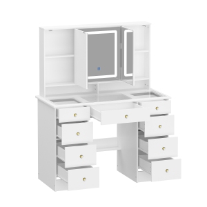 Famapy Vanity Desk Set Makeup Table with Large Three-color Illuminated Mirror, Dressing Table with 9 Drawers, Storage Shelves for Bedroom(43.3" W x 19.7" D x53.6" H) White