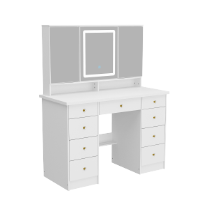 Famapy Vanity Desk Set Makeup Table with Large Three-color Illuminated Mirror, Dressing Table with 9 Drawers, Storage Shelves for Bedroom(43.3" W x 19.7" D x53.6" H) White