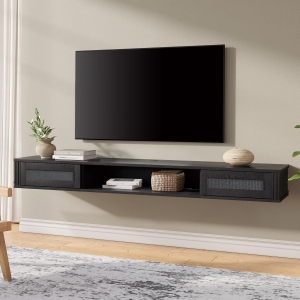 FITUEYES Mid Century Modern Floating TV Stand with Power Outlet,70 inch Wall Mounted Shelf Under TV, Media Console Stand with 2 Rattan Doors for Living Room, Bedroom,Black