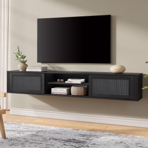 FITUEYES 2-Tier Floating TV Stand with Power Outlet, Floating Entertainment Center for Wall, 70" Wall Mounted TV Shelf with 2 Rattan Doors for Living Room, Bedroom,Black